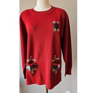 Vintage Autumn Creations Bead Embroidered Floral Pullover Sweater Women Sz L Red